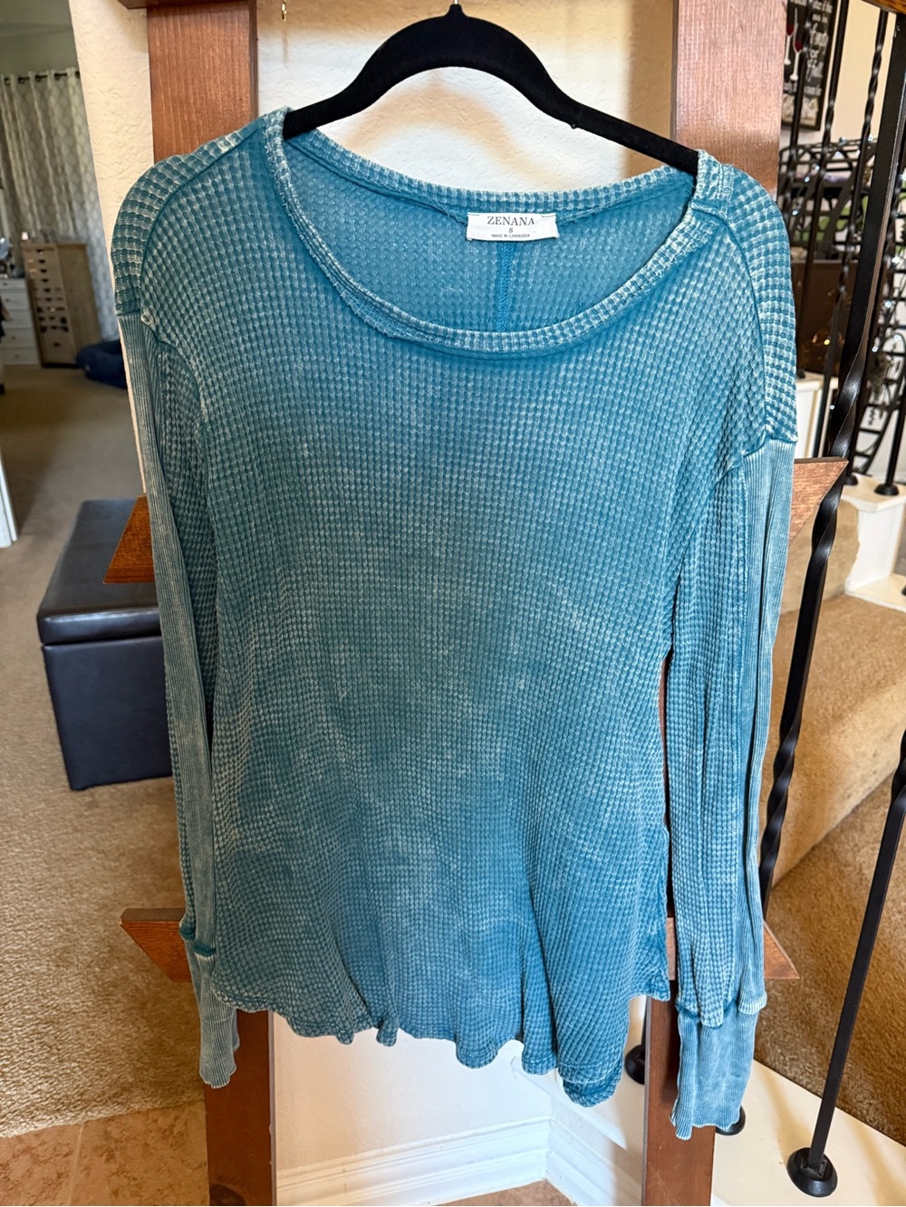 Zenana Outfitters Teal Waffle-Knit Long Sleeve Scoop Neck Top